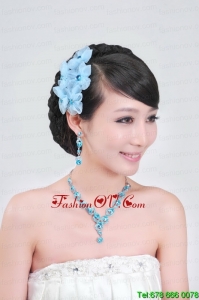 Blue Crystal Round Shaped Jewelry Set Including Necklace And Headflower