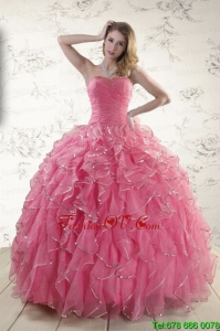 2015 Pretty Beading Quinceanera Dresses in Rose Pink