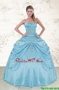 Best Discount Aqua Blue Strapless Sweet 15 Dress with Appliques