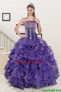 2015 Purple Sweet 15 Classic Dresses with Embroidery and Ruffles