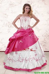 Classic Embroidery Sweet 15 Dresses in White and Hot Pink