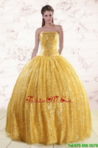 Designer Yellow Sequined Quinceanera Dress with Strapless