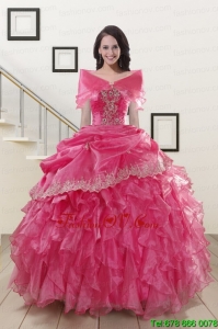 2015 Lovely Appliques and Ruffles Quinceanera Gowns in Hot Pink