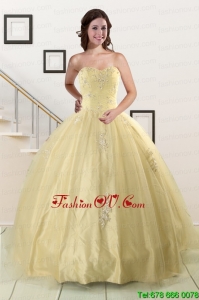 Designer Appliques Quinceanera Dress in Light Yellow For 2015