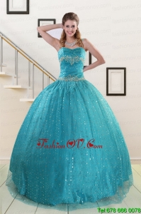 Lovely Spaghetti Straps Appliques Sequins Turquoise Quinceanera Dresses for 2015