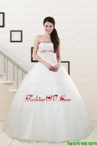 2015 Modern Strapless Appliques and Belt Quinceanera Dresses in White
