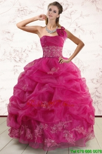 Lovely One Shoulder Appliques and Pick Ups Quinceanera Dresses in Fuchsia
