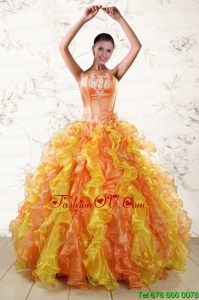 Puffy Multi Color 2015 Quinceanera Dresses with Appliques and Ruffles