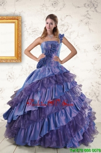 2015 Print One Shoulder Hand Made Flowers and Ruffles Quinceanera Dresses