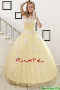 New Style Light Yellow Sweet 16 Dresses with White Appliques