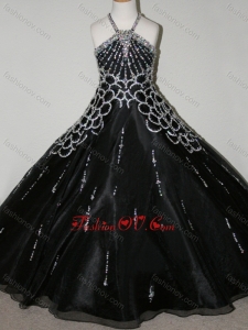 Cheap Beaded Decorated Halter Top and Bodice Little Girl Birthday Party Dress in Black
