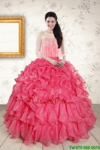 Strapless Beading and Ruffles Pretty 2015 Quinceanera Dresses in Hot Pink