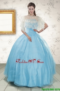 2015 Discount Baby Blue Strapless Sweet Sixteen Dresses with Beading