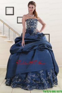 2015 Pretty Embroidery and Beaded Quinceanera Dresses in Navy Blue