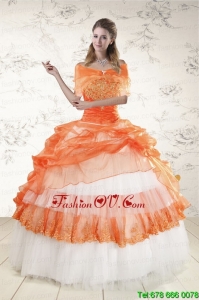 2015 Pretty Strapless Orange Quinceanera Dresses with Beading and Appliques