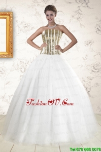 2015 Pretty Tulle Strapless Sequins White Quinceanera Dresses