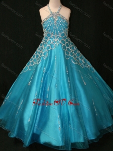 New Style Beaded Decorated Halter Top and Bodice Teal Little Girl Pageant Dress with Criss Cross