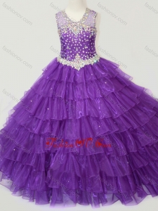 New Style Beaded and Ruffled Layers Little Girl Pageant Dress in Purple