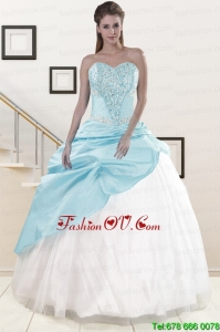 2015 Pretty Blue and White Sweet Sixteen Dresses with Beading and Pick Ups