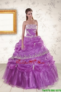 2015 Unique Strapless Lilac Quinceanera Dresses with Appliques
