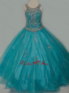 New Style Ball Gown Scoop Organza Long Lace Up Little Girl Pageant Dress with Beading