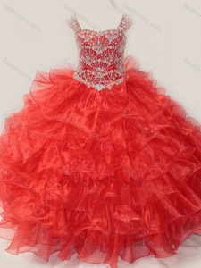 New Style Ball Gown Straps Organza Beaded Bodice Lace Up Little Girl Pageant Dress in Red