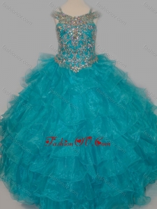 New Style Really Puffy V-neck Teal Little Girl Pageant Dress with Rhinestones and Straps
