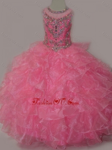 New Style Rose Pink Ball Gown Scoop Beaded Bodice Lace Up Little Girl Pageant Dress