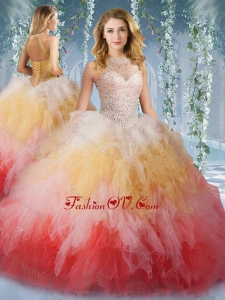 2016 Pretty Halter Top Rainbow Lovely Quinceanera Dresses with Beading and Ruffles