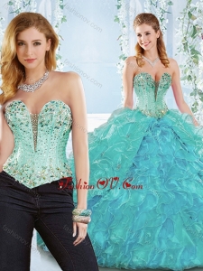 Beaded and Ruffled Organza Lovely Quinceanera Dresses with Deep V Neckline