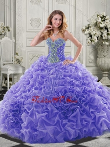 Best Puffy Skirt Beaded and Ruffled Lavender Lovely Quinceanera Dresses in Organza