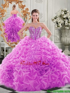 Lovely Puffy Skirt Beaded Bodice and Ruffled Modern Quinceanera Dresses in Fuchsia