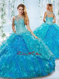 Modern See Through Blue Detachable New style Quinceanera Dresses with Beading and Ruffles