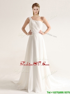 Elegant One Shoulder Court Train Wedding Dresses with Beading and Ruching