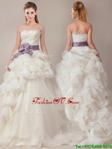 2016 Ball Gown Strapless Sophisticated Ruffled and Sashed Wedding Dresses with Brush Train