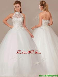 2016 Fashionable Ball Gown High Neck Wedding Dresses with Beading and Appliques