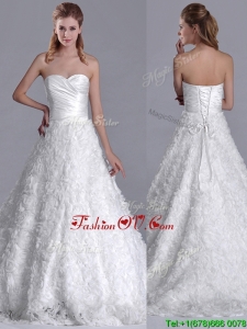 Clearance A Line Brush Train Ruched Wedding Dresses with Rolling Flowers