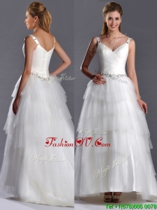 Clearance Straps Princess Tulle Beaded Wedding Dress with Brush Train