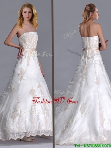 Popular Princess Strapless Applique and Belted Wedding Gown with Brush Train