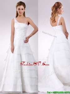 Designer One Shoulder Beaded and Ruffled Layered Zipper Up Wedding Dress with Brush Train
