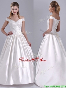 Exquisite Ball Gown Off the Shoulder Brush Train Beaded Bridal Dress in Satin