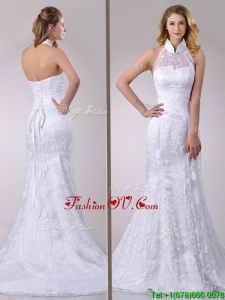 Most Popular Halter Top Mermaid Lace Bridal Dress with Brush Train for 2016