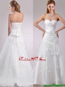 Plus Size Be-ribboned Beaded and Applique Wedding Dress with Brush Train