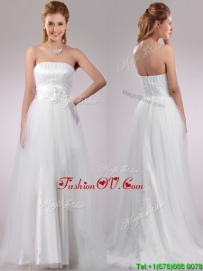 Plus Size Strapless Brush Train Wedding Dress with Handcrafted Flowers