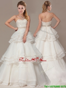 Plus Size A-line Brush Train Wedding Dresses with Beading and Ruffles Layers