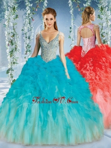 2016 Beautiful Deep V Neck Big Puffy Quinceanera Dress with Beaded Decorated Cap Sleeves