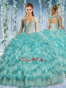 2016 Popular Deep V Neck Big Puffy Quinceanera Dress with Beaded Decorated Cap Sleeves