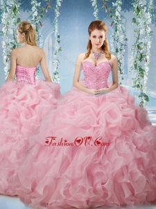 Best Baby Pink Brush Train Quinceanera Dresses Beaded and Ruffled
