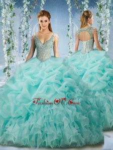 Best Beaded and Ruffled Aqua Blue Quinceanera Dress with Beaded Decorated Cap Sleeves