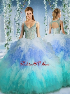Rainbow Deep V Neck Cap Sleeves Best Quinceanera Dress with Beading and Ruffles